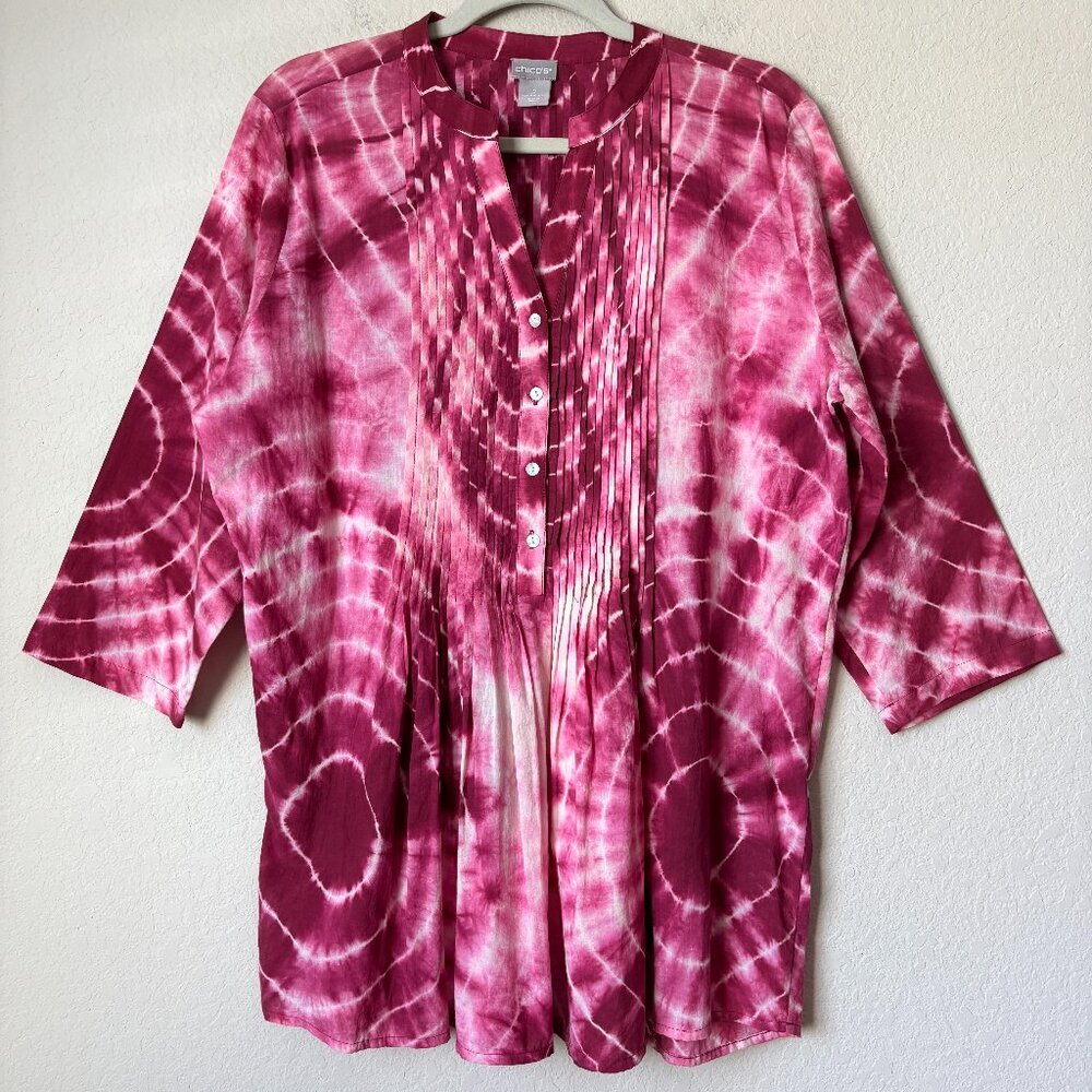 Chicos Boho Tie-Dye Print Pintuck Cotton Peasant Blouse Top